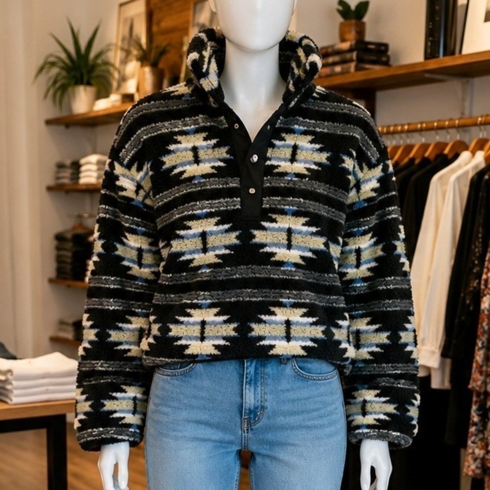 H&M Divided Women Fleece Pullover Southwestern Aztec Sherpa Cropped XS